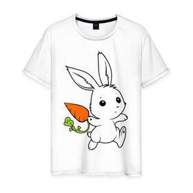 Мужская футболка хлопок с принтом Зайка с морковкой в Санкт-Петербурге, 100% хлопок | прямой крой, круглый вырез горловины, длина до линии бедер, слегка спущенное плечо. | белый | зайка | заяц | кролик | милый | морковь