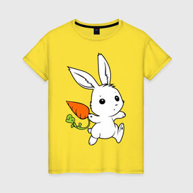 Женская футболка хлопок с принтом Зайка с морковкой в Санкт-Петербурге, 100% хлопок | прямой крой, круглый вырез горловины, длина до линии бедер, слегка спущенное плечо | Тематика изображения на принте: белый | зайка | заяц | кролик | милый | морковь