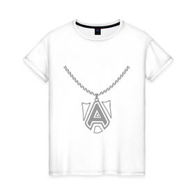 Женская футболка хлопок с принтом Dota 2 Alliance медальон в Санкт-Петербурге, 100% хлопок | прямой крой, круглый вырез горловины, длина до линии бедер, слегка спущенное плечо | alliance | dota | dota2 | альянс | дота | дота2 | логотип | цепь
