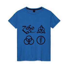 Женская футболка хлопок с принтом Led Zeppelin simbols в Санкт-Петербурге, 100% хлопок | прямой крой, круглый вырез горловины, длина до линии бедер, слегка спущенное плечо | Тематика изображения на принте: led zeppelin