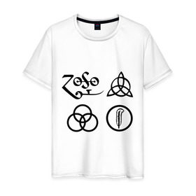 Мужская футболка хлопок с принтом Led Zeppelin simbols в Санкт-Петербурге, 100% хлопок | прямой крой, круглый вырез горловины, длина до линии бедер, слегка спущенное плечо. | Тематика изображения на принте: led zeppelin