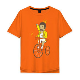 Мужская футболка хлопок Oversize с принтом Фредди на велосипеде в Санкт-Петербурге, 100% хлопок | свободный крой, круглый ворот, “спинка” длиннее передней части | queen | велосипед | меломанам | музыка | прикол | рок | фрэдди меркьюри