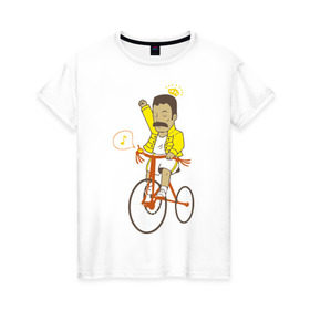 Женская футболка хлопок с принтом Фредди на велосипеде в Санкт-Петербурге, 100% хлопок | прямой крой, круглый вырез горловины, длина до линии бедер, слегка спущенное плечо | Тематика изображения на принте: queen | велосипед | меломанам | музыка | прикол | рок | фрэдди меркьюри