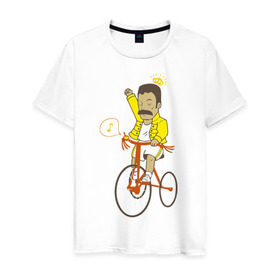 Мужская футболка хлопок с принтом Фредди на велосипеде в Санкт-Петербурге, 100% хлопок | прямой крой, круглый вырез горловины, длина до линии бедер, слегка спущенное плечо. | queen | велосипед | меломанам | музыка | прикол | рок | фрэдди меркьюри