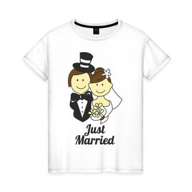 Женская футболка хлопок с принтом Just Married - Молодожены в Санкт-Петербурге, 100% хлопок | прямой крой, круглый вырез горловины, длина до линии бедер, слегка спущенное плечо | just married | жених | молодожены | невеста | подарки | праздник | свадьби