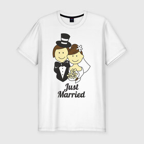 Мужская футболка премиум с принтом Just Married - Молодожены в Санкт-Петербурге, 92% хлопок, 8% лайкра | приталенный силуэт, круглый вырез ворота, длина до линии бедра, короткий рукав | Тематика изображения на принте: just married | жених | молодожены | невеста | подарки | праздник | свадьби