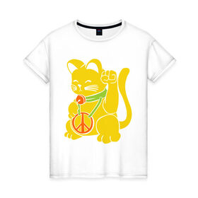 Женская футболка хлопок с принтом Рок кот в Санкт-Петербурге, 100% хлопок | прямой крой, круглый вырез горловины, длина до линии бедер, слегка спущенное плечо | киска | кот | котик | мурка | рок кот
