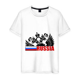 Мужская футболка хлопок с принтом Россия в Санкт-Петербурге, 100% хлопок | прямой крой, круглый вырез горловины, длина до линии бедер, слегка спущенное плечо. | герб | орел | патриот | россия | рф | триколор | флаг