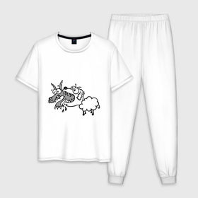 Мужская пижама хлопок с принтом Волк и овечка в Санкт-Петербурге, 100% хлопок | брюки и футболка прямого кроя, без карманов, на брюках мягкая резинка на поясе и по низу штанин
 | баран | внезапно | волк | ловушка | овечка | овца