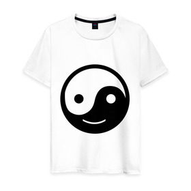 Мужская футболка хлопок с принтом Веселый Инь Янь в Санкт-Петербурге, 100% хлопок | прямой крой, круглый вырез горловины, длина до линии бедер, слегка спущенное плечо. | Тематика изображения на принте: веселый | инь | китай | смайл | улыбка | философия | ян | янь