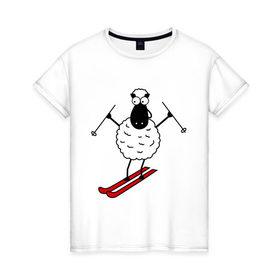 Женская футболка хлопок с принтом Овечка на лыжах в Санкт-Петербурге, 100% хлопок | прямой крой, круглый вырез горловины, длина до линии бедер, слегка спущенное плечо | баран | год | гороскоп | зима | китайский | лыжи | новый год | овен | овца | снег