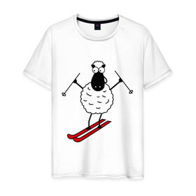 Мужская футболка хлопок с принтом Овечка на лыжах в Санкт-Петербурге, 100% хлопок | прямой крой, круглый вырез горловины, длина до линии бедер, слегка спущенное плечо. | баран | год | гороскоп | зима | китайский | лыжи | новый год | овен | овца | снег