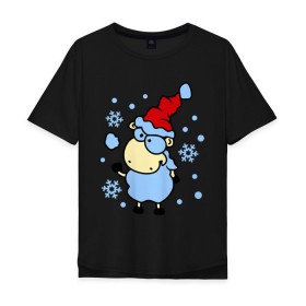 Мужская футболка хлопок Oversize с принтом Барашек и снежок в Санкт-Петербурге, 100% хлопок | свободный крой, круглый ворот, “спинка” длиннее передней части | барашек | зима | игра | новый год | овечка | овца | снег | снежки | снежок | шапка
