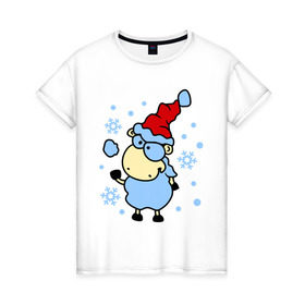 Женская футболка хлопок с принтом Барашек и снежок в Санкт-Петербурге, 100% хлопок | прямой крой, круглый вырез горловины, длина до линии бедер, слегка спущенное плечо | барашек | зима | игра | новый год | овечка | овца | снег | снежки | снежок | шапка