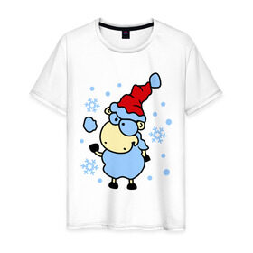 Мужская футболка хлопок с принтом Барашек и снежок в Санкт-Петербурге, 100% хлопок | прямой крой, круглый вырез горловины, длина до линии бедер, слегка спущенное плечо. | Тематика изображения на принте: барашек | зима | игра | новый год | овечка | овца | снег | снежки | снежок | шапка