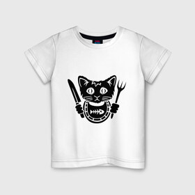 Детская футболка хлопок с принтом Кот хочет кушать в Санкт-Петербурге, 100% хлопок | круглый вырез горловины, полуприлегающий силуэт, длина до линии бедер | вилка | голод | голодный | кот | котенок | кошка | нож | салфетка