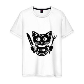 Мужская футболка хлопок с принтом Кот хочет кушать в Санкт-Петербурге, 100% хлопок | прямой крой, круглый вырез горловины, длина до линии бедер, слегка спущенное плечо. | вилка | голод | голодный | кот | котенок | кошка | нож | салфетка