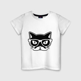 Детская футболка хлопок с принтом Учёный кот в Санкт-Петербурге, 100% хлопок | круглый вырез горловины, полуприлегающий силуэт, длина до линии бедер | Тематика изображения на принте: голова | кот | очки | усы | ученый | хипстер