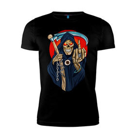 Мужская футболка премиум с принтом Смерть с косой в Санкт-Петербурге, 92% хлопок, 8% лайкра | приталенный силуэт, круглый вырез ворота, длина до линии бедра, короткий рукав | скелет