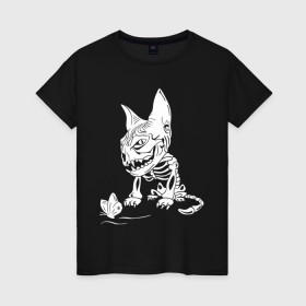 Женская футболка хлопок с принтом Скелет кота в Санкт-Петербурге, 100% хлопок | прямой крой, круглый вырез горловины, длина до линии бедер, слегка спущенное плечо | бабочка | скелет