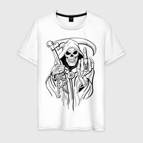 Мужская футболка хлопок с принтом Смерть с косой в Санкт-Петербурге, 100% хлопок | прямой крой, круглый вырез горловины, длина до линии бедер, слегка спущенное плечо. | скелет