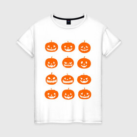 Женская футболка хлопок с принтом Тыквы в Санкт-Петербурге, 100% хлопок | прямой крой, круглый вырез горловины, длина до линии бедер, слегка спущенное плечо | halloween | helloween | день всех святых | праздники | темные | тыквы | хэллоуин