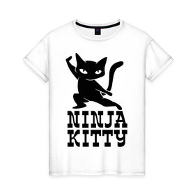 Женская футболка хлопок с принтом Ninja kitty в Санкт-Петербурге, 100% хлопок | прямой крой, круглый вырез горловины, длина до линии бедер, слегка спущенное плечо | cat | kitty | ninja | киса | кот | котенок | кошка | ниндзя | нинзя
