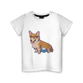Детская футболка хлопок с принтом Хипстер Корги в Санкт-Петербурге, 100% хлопок | круглый вырез горловины, полуприлегающий силуэт, длина до линии бедер | корги | милота | модник | очки | пес | плеер | собаки | хипстер