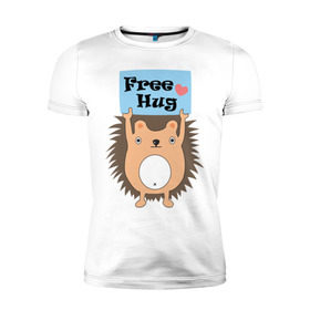 Мужская футболка премиум с принтом Ежик бесплатные обнимашки в Санкт-Петербурге, 92% хлопок, 8% лайкра | приталенный силуэт, круглый вырез ворота, длина до линии бедра, короткий рукав | free hugs | бесплатно | еж | обнимашки