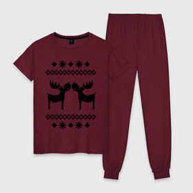 Женская пижама хлопок с принтом Узор с оленями в Санкт-Петербурге, 100% хлопок | брюки и футболка прямого кроя, без карманов, на брюках мягкая резинка на поясе и по низу штанин | новый год | олень | рождество | свитер | узор
