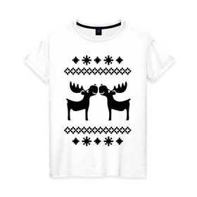 Женская футболка хлопок с принтом Узор с оленями в Санкт-Петербурге, 100% хлопок | прямой крой, круглый вырез горловины, длина до линии бедер, слегка спущенное плечо | новый год | олень | рождество | свитер | узор