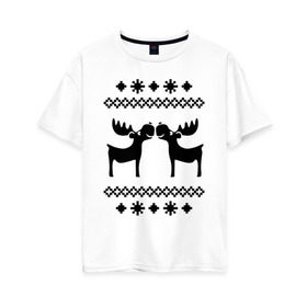 Женская футболка хлопок Oversize с принтом Узор с оленями в Санкт-Петербурге, 100% хлопок | свободный крой, круглый ворот, спущенный рукав, длина до линии бедер
 | новый год | олень | рождество | свитер | узор