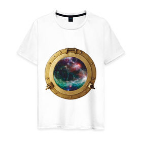 Мужская футболка хлопок с принтом Иллюминатор в космос в Санкт-Петербурге, 100% хлопок | прямой крой, круглый вырез горловины, длина до линии бедер, слегка спущенное плечо. | space | иллюминатор | космос | окно