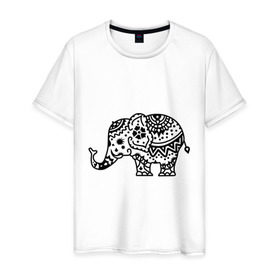 Мужская футболка хлопок с принтом Слоник узор в Санкт-Петербурге, 100% хлопок | прямой крой, круглый вырез горловины, длина до линии бедер, слегка спущенное плечо. | слон