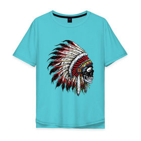 Мужская футболка хлопок Oversize с принтом Индеец в Санкт-Петербурге, 100% хлопок | свободный крой, круглый ворот, “спинка” длиннее передней части | индеец | коренной американец | перья | тату | череп
