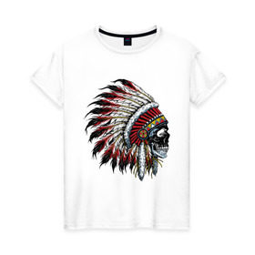 Женская футболка хлопок с принтом Индеец в Санкт-Петербурге, 100% хлопок | прямой крой, круглый вырез горловины, длина до линии бедер, слегка спущенное плечо | индеец | коренной американец | перья | тату | череп