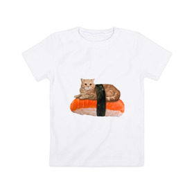 Детская футболка хлопок с принтом Котосуши в Санкт-Петербурге, 100% хлопок | круглый вырез горловины, полуприлегающий силуэт, длина до линии бедер | Тематика изображения на принте: киса | кот | котосуши | рис | суши еда