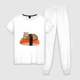 Женская пижама хлопок с принтом Котосуши в Санкт-Петербурге, 100% хлопок | брюки и футболка прямого кроя, без карманов, на брюках мягкая резинка на поясе и по низу штанин | киса | кот | котосуши | рис | суши еда