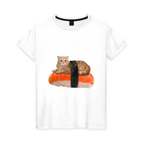 Женская футболка хлопок с принтом Котосуши в Санкт-Петербурге, 100% хлопок | прямой крой, круглый вырез горловины, длина до линии бедер, слегка спущенное плечо | киса | кот | котосуши | рис | суши еда