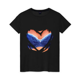 Женская футболка хлопок с принтом Голубой бюстгальтер в Санкт-Петербурге, 100% хлопок | прямой крой, круглый вырез горловины, длина до линии бедер, слегка спущенное плечо | бантик | бюст | бюстгальтер | грудь | идеальный бюст | лиф | синий лиф | тело