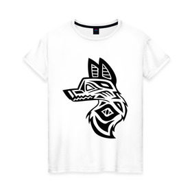 Женская футболка хлопок с принтом Орнамент волк в Санкт-Петербурге, 100% хлопок | прямой крой, круглый вырез горловины, длина до линии бедер, слегка спущенное плечо | волк | орнамент | тату