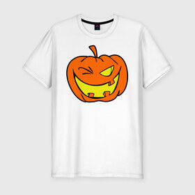 Мужская футболка премиум с принтом Подмигивающая тыква в Санкт-Петербурге, 92% хлопок, 8% лайкра | приталенный силуэт, круглый вырез ворота, длина до линии бедра, короткий рукав | halloween | тыква | хэллоуин