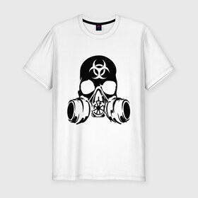 Мужская футболка премиум с принтом Радиоактивность в Санкт-Петербурге, 92% хлопок, 8% лайкра | приталенный силуэт, круглый вырез ворота, длина до линии бедра, короткий рукав | Тематика изображения на принте: биологическая угроза | противогаз | радиация | респиратор | череп
