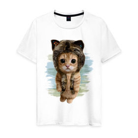 Мужская футболка хлопок с принтом Милый котик в Санкт-Петербурге, 100% хлопок | прямой крой, круглый вырез горловины, длина до линии бедер, слегка спущенное плечо. | cat | киса | котик | кошка | милаха | милый котик | шапка