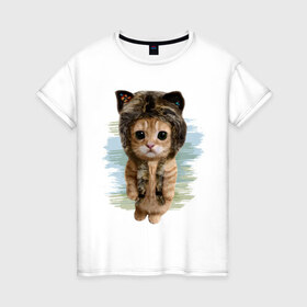 Женская футболка хлопок с принтом Милый котик в Санкт-Петербурге, 100% хлопок | прямой крой, круглый вырез горловины, длина до линии бедер, слегка спущенное плечо | cat | киса | котик | кошка | милаха | милый котик | шапка