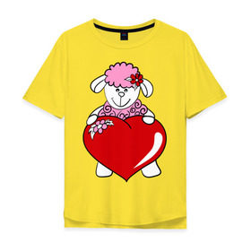Мужская футболка хлопок Oversize с принтом Барашек с сердцем в Санкт-Петербурге, 100% хлопок | свободный крой, круглый ворот, “спинка” длиннее передней части | Тематика изображения на принте: 2015 | баран | барашек | коза | козочка | новый год | овечка | овца | рождество | сердце | цветок