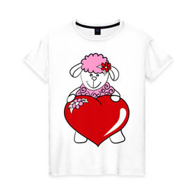 Женская футболка хлопок с принтом Барашек с сердцем в Санкт-Петербурге, 100% хлопок | прямой крой, круглый вырез горловины, длина до линии бедер, слегка спущенное плечо | 2015 | баран | барашек | коза | козочка | новый год | овечка | овца | рождество | сердце | цветок