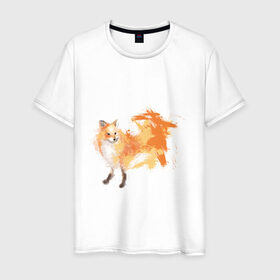 Мужская футболка хлопок с принтом Лиса акварель в Санкт-Петербурге, 100% хлопок | прямой крой, круглый вырез горловины, длина до линии бедер, слегка спущенное плечо. | fox | акварель | животные | лисы | мило