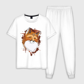 Мужская пижама хлопок с принтом Лиса в Санкт-Петербурге, 100% хлопок | брюки и футболка прямого кроя, без карманов, на брюках мягкая резинка на поясе и по низу штанин
 | fox | акварель | животные | лисы | мило