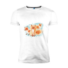 Мужская футболка премиум с принтом Лисички в Санкт-Петербурге, 92% хлопок, 8% лайкра | приталенный силуэт, круглый вырез ворота, длина до линии бедра, короткий рукав | Тематика изображения на принте: fox | акварель | животные | лисы | мило